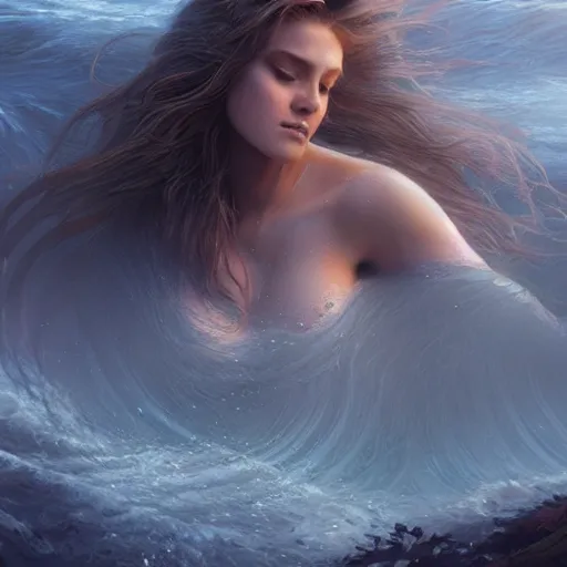 Image similar to beautiful mermaid with her hair flowing down, extremely high detail, photo realistic, cinematic, post processed, concept art, artstation, matte painting, style by Raphael Lacoste, Eddie Mendoza