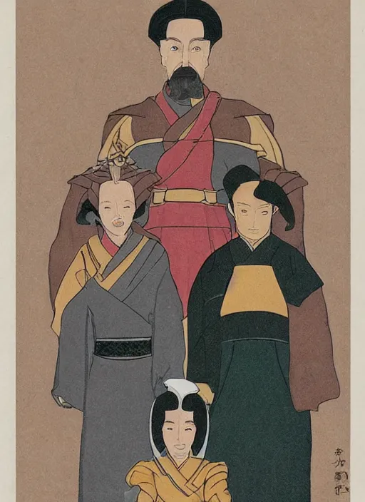 Prompt: family portrait of duke leto atreides lady jessica and prince paul atreides, dune, father mother and son, three figures, detailed, solemn, commanding, powerful, in the style of yamato - e, traditional japanese, tosa school, tosa mitsuoki, tosa mitsunobu, iwasa matabei.