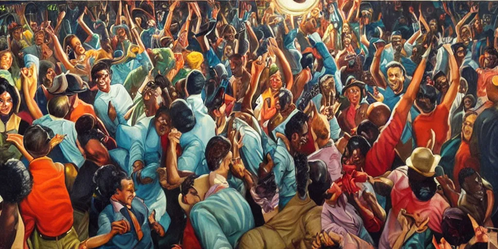 Image similar to a crowd of people dancing underneath a disco ball, painting by ernie barnes, super - detailed, a lot of tiny details, fullshot