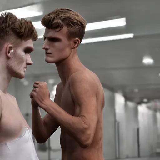 Image similar to a realistic detailed photo of a guy who is an attractive humanoid who is half robot and half humanoid, who is a male android, soccer players martin ødegaard & timo werner, shiny skin, posing like a statue, blank stare, in a factory, on display, showing off his muscles, gold soccer shorts, side view, looking at each other mindlessly