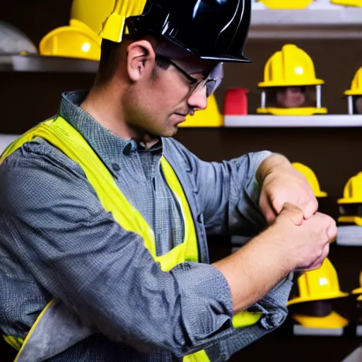 Image similar to a worker wearing hard hat and holding tools logo