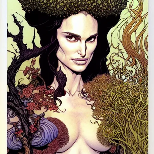 Prompt: a realistic portrait of natalie portman as a druidic wizard looking at the camera with an intelligent but seductive gaze by rebecca guay, michael kaluta, charles vess and jean moebius giraud