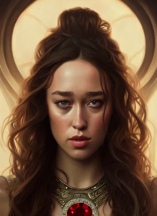 Image similar to portrait of alycia debnam - carey as a vampire lord, jewelry, greek, ruby, intricate, headshot, highly detailed, digital painting, artstation, concept art, sharp focus, cinematic lighting, illustration, art by artgerm and greg rutkowski, alphonse mucha, cgsociety