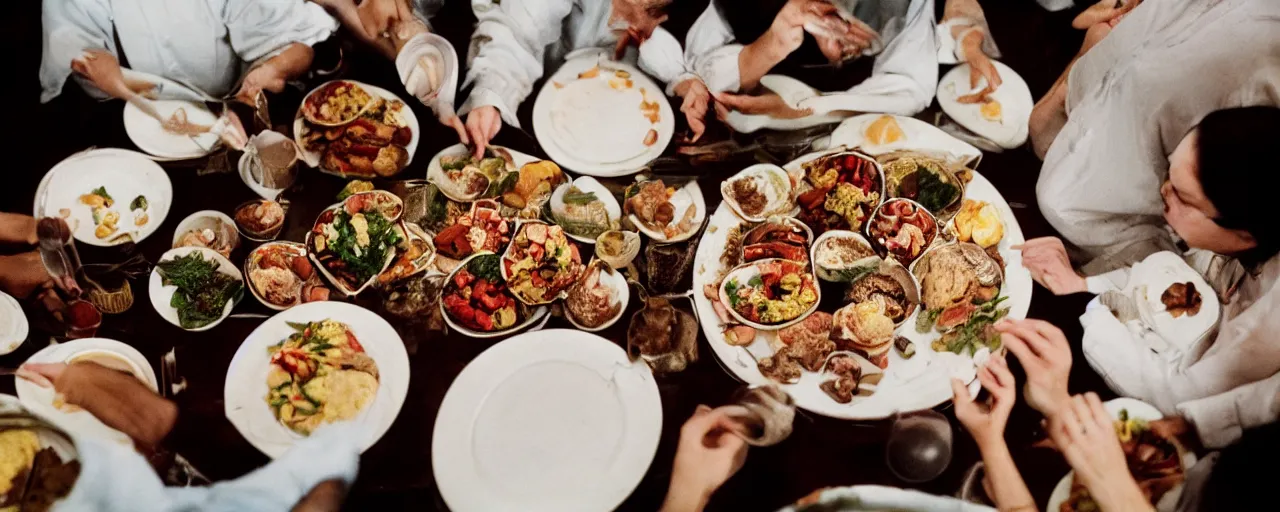 Image similar to a group of people licking from the same plate, food scattered all around, tension, canon 5 0 mm, cinematic lighting, photography, retro, film, kodachrome, closeup