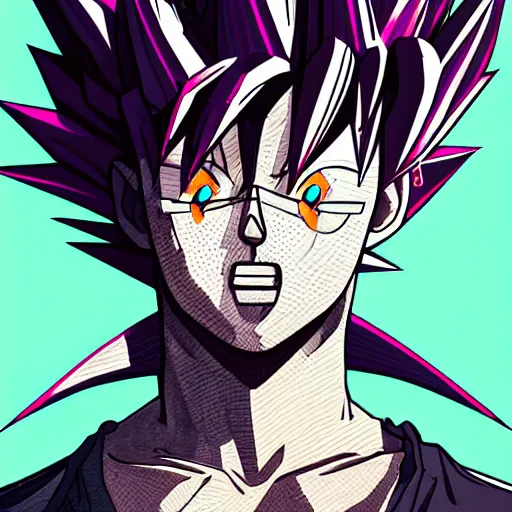 Prompt: a award winning half body portrait of drip goku, outrun, vaporware, shaded flat illustration, digital art, trending on artstation, highly detailed, fine detail, intricate, sensual, elegant, seductive