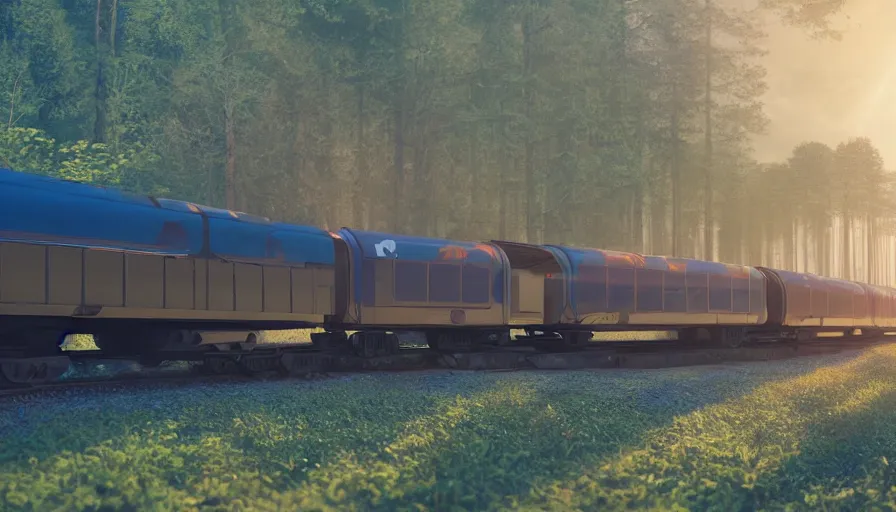 Image similar to futuristic cargo train driving through forest, matte painting, artstation, sunrise, blue sky, solarpunk