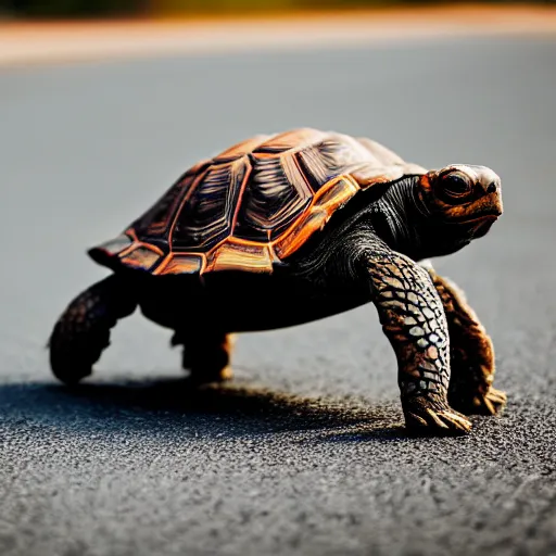 Image similar to a happy tortoise riding a basketball on the road, close up, dslr photo