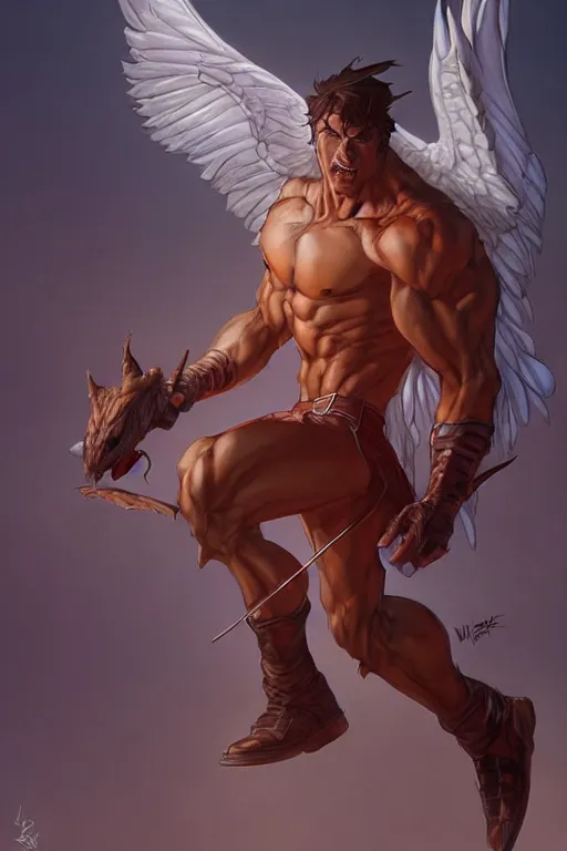 Image similar to character art by wlop, steve henderson, and j scott campbell, gooseman, male hero, goose - head, wings, 4 k