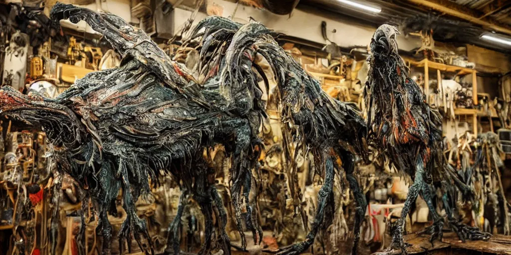 Prompt: photo taken of an epic intricate, ultra detailed, super realistic gritty, hero prop, exquisitely painted animatronic movie prop of a wet slimy grotesque nightmarish hellish avian creature displayed in the workshop, created by weta workshop, full body shot, photorealistic, sharp focus