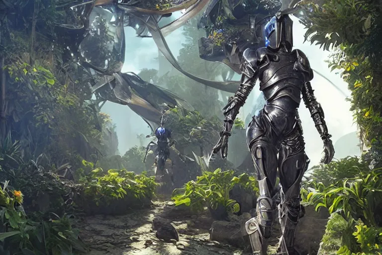 Prompt: full armored female knight errant in a high tech botanical world with blue skies | style by greg rutkowski, vincent callebaut, dramatic light | high detail | cinematic lighting | pristine metals, glass, plants | solarpunk | concept art |