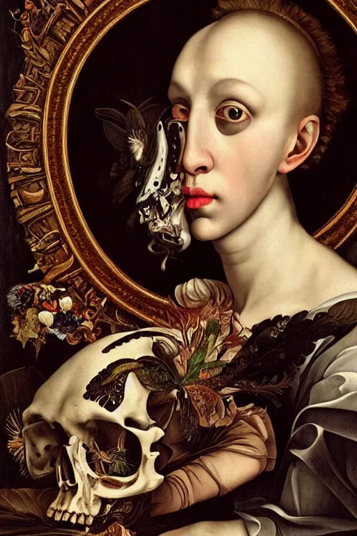 Image similar to Detailed maximalist portrait with large lips and with large, wide eyes, sad expression, extra bones, flesh, HD mixed media, 3D collage, highly detailed and intricate, surreal, illustration in the style of Caravaggio, dark art, baroque