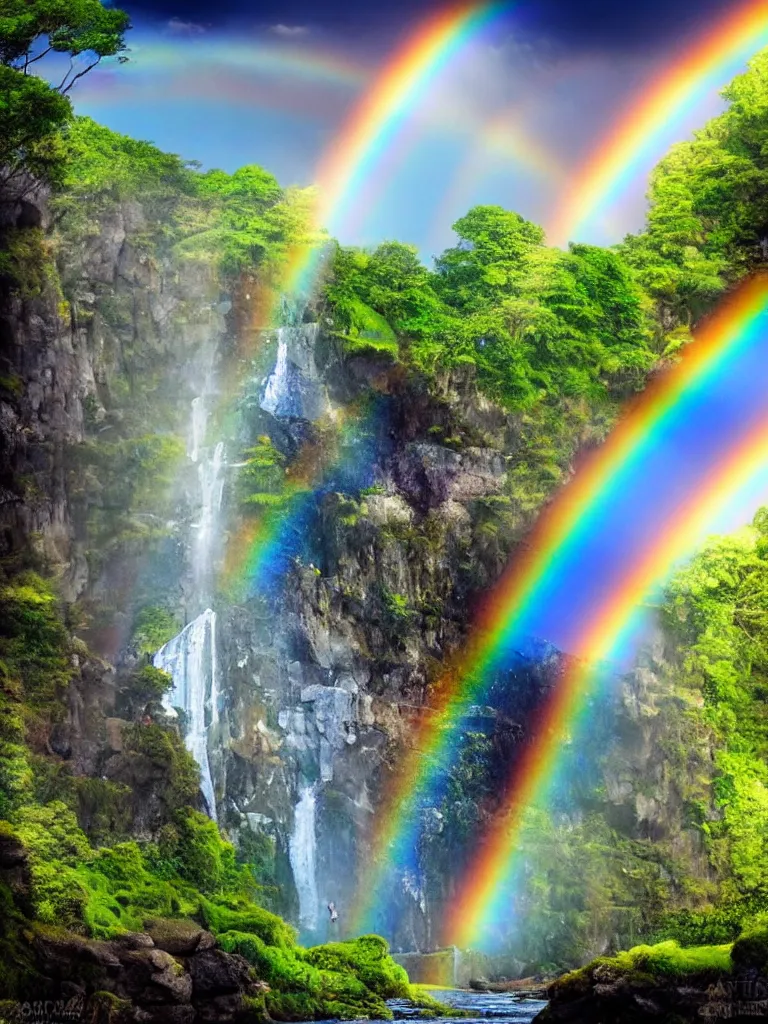 Image similar to artdeco of waterfall cascading onto rocks, small rainbow emerging in background, ethereal, beautiful scenery, detailed, amazing, glitter