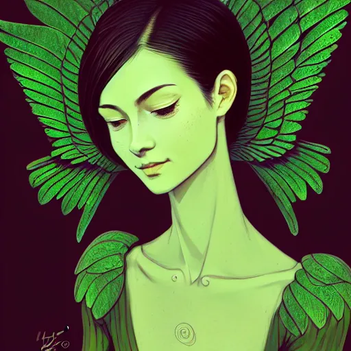 Prompt: 3 / 4 view of a portrait of pixie woman with wings, earthy green, forest background confident pose, pixie, genshin impact,, intricate, elegant, sharp focus, illustration, highly detailed, concept art, matte, trending on artstation, anime, strong brush stroke, sharp focus, illustration, art station, by ilya kuvshinov h 6 4 0