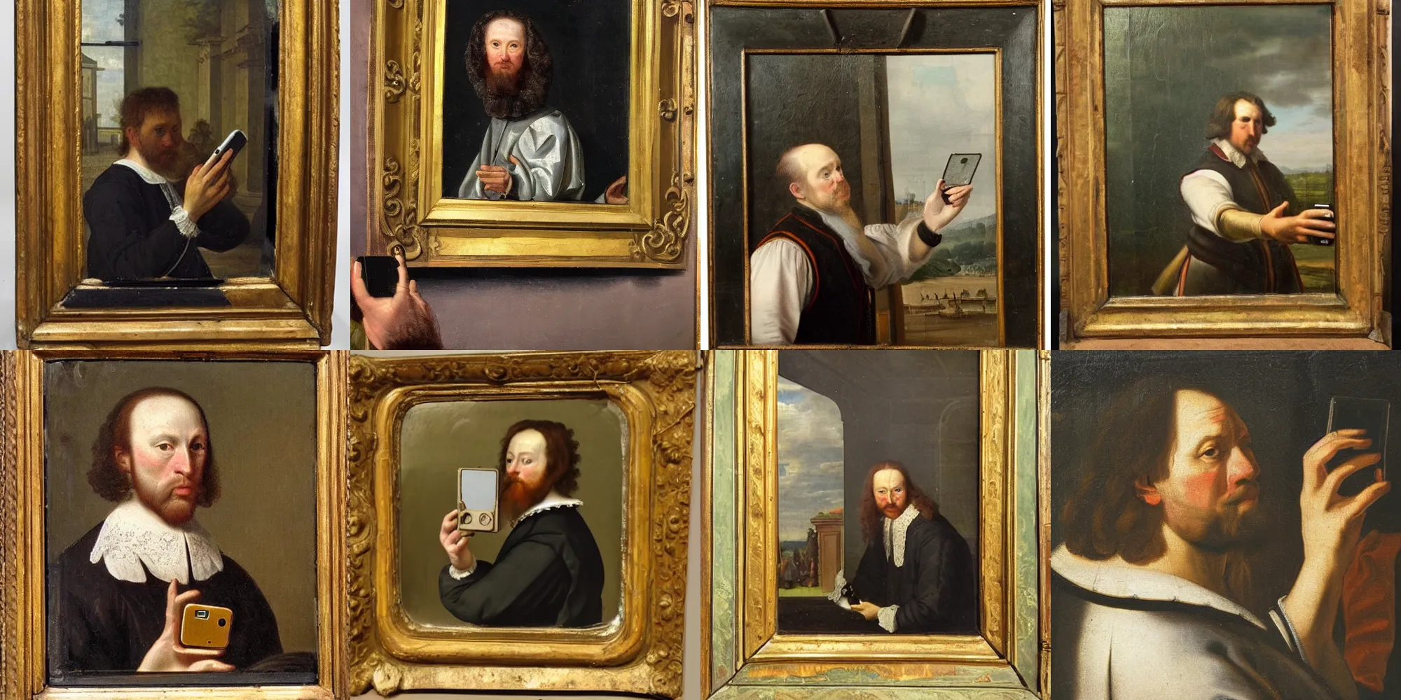 Prompt: 17th century dutch painting of man taking selfie in mirror