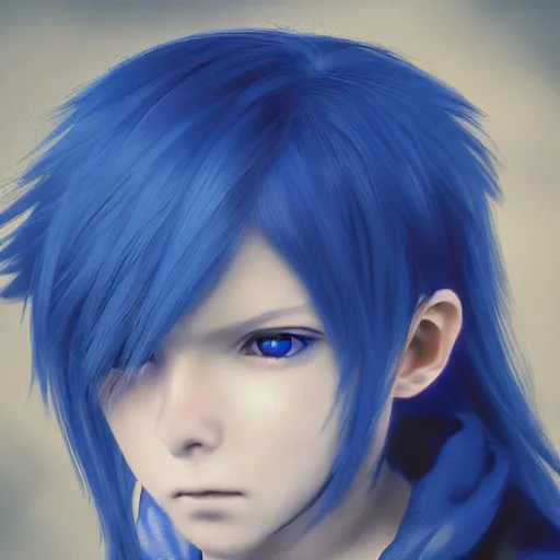 Prompt: portrait of young boy, blue hair, long hair, highly detailed 3D render, 8k, rpg concept art character, jrpg character, manga, anime, video game character, concept art, by Yoshitaka Amano