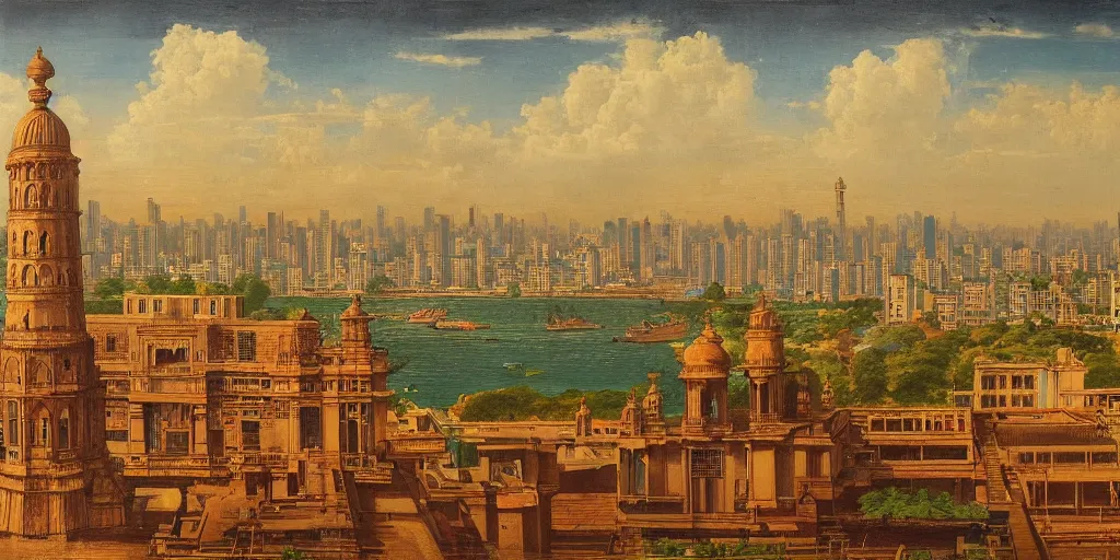 Prompt: mumbai skyline in the style of raja ravi varma, high detail, realism, national gallery of delhi