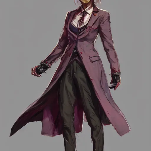 Image similar to vivid colors, character sheet, fine details, front view, greg rutkowski, kim jung gi, human, suit vest, longcoat, androgynous, female