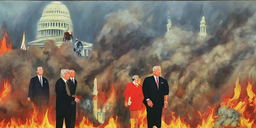 Image similar to United States President viewing the Capital Burn, 1958, Oil on Canvas, Antiwar, full body, dramatic, surreal, digital art