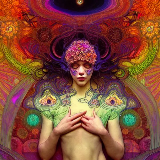 Image similar to An extremely psychedelic experience, reality bending, morphing, transforming, colorful, surreal, magic mushrooms, psilocybin, LSD, face, detailed, intricate, elegant, highly detailed, digital painting, artstation, concept art, smooth, sharp focus, illustration, art by Krenz Cushart and Artem Demura and alphonse mucha