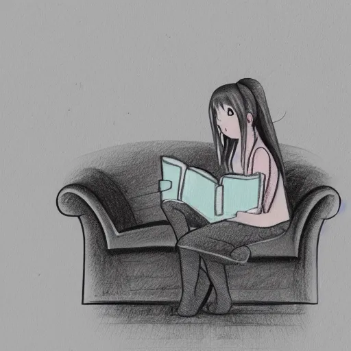 Prompt: Anime Girl reading a book on a sofa, sketch