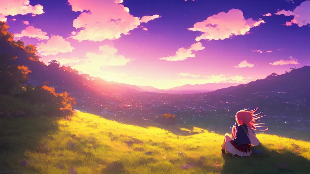 Image similar to a schoolgirl girl sat on the hillside and looked sky, dusk sky, beautiful sunset glow, large clouds, rich vivid colors, ambient lighting, dynamic lighting, official media, anime key visual, detailed, artwork by makoto shinkai, rossdraws.