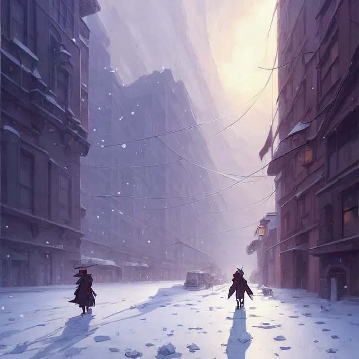 Image similar to empty huge city, winter, in the style of studio ghibli, j. c. leyendecker, greg rutkowski, artem