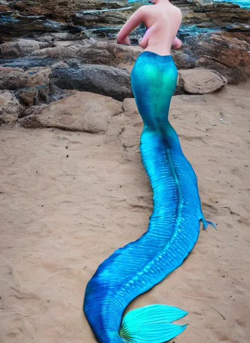 Image similar to hyper realistic fashion photography of a beautiful mermaid with a beautiful blue tail