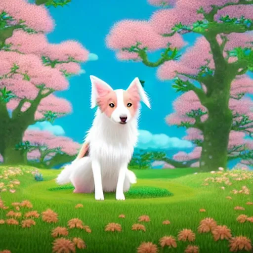 Prompt: a sweet border collie pokemon in a beautiful landscape. chiho aoshima. very cute. beautiful. digital render.