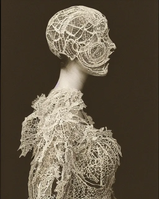 Prompt: a woman's face in profile, made of intricate decorative lace leaf skeleton, in the style of the dutch masters and gregory crewdson, dark and moody, depth of field