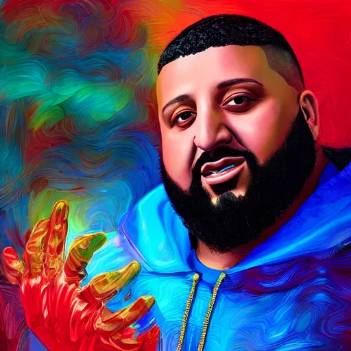 Prompt: ultra detailed portrait photo of dj khaled in a studio, blue, under red and yellow cinematic lighting, digital painting, android jones