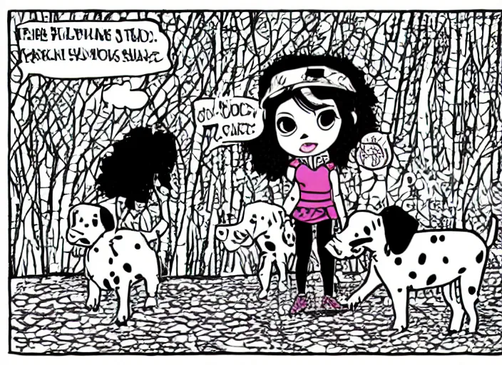 Image similar to punk girl and duchess with a dalmatian piglet in a park. comic style