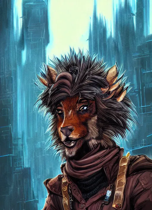 Image similar to aesthetic portrait commission of a of a male fully furry anthro ( pack mule ) with a tail and a beautiful attractive hyperdetailed face wearing wearing a outfit in a sci - fi dystopian city at golden hour while it storms in the background. character design by dayer, diego 5, detailed, inked, western comic book art, award winning film poster painting