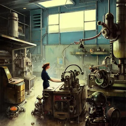 Prompt: ( ( ( ( ( 1 9 5 0 s retro science fiction cluttered robot mechanics shop interior scene. muted colors. ) ) ) ) ) by jean - baptiste monge!!!!!!!!!!!!!!!!!!!!!!!!!!!!!!