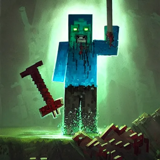 Image similar to painting by greg rutkowski of a minecraft drowned zombie holding a trident with glowing cyan eyes, wearing ragged clothing and and algae growing on it, holding a trident, underwater