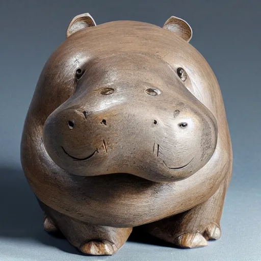 Image similar to a small hippo statue carved from natural wood and polished blue resin, half and half, mixed media, side view