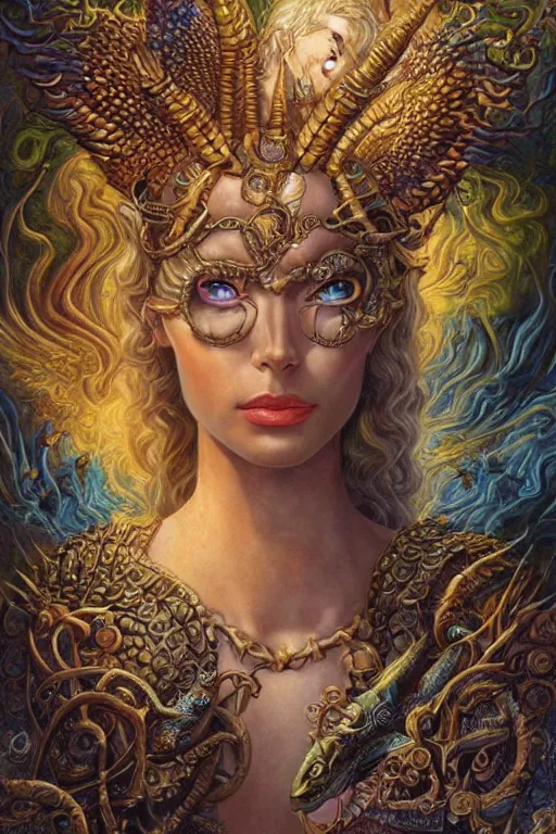 Image similar to Mystical Valkyrie, Portrait of a beautiful female Atlantean Reptilian Warrior, Realistic, Regal, Refined, Detailed Digital Art, Michael Cheval, Walt Disney (1937), François Boucher, Oil Painting, Steampunk, Josephine wall, Highly Detailed, Cinematic Lighting, Unreal Engine, 8k, HD