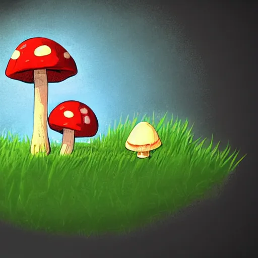 Prompt: a mushroom coming out of a patch of grass, on a black background, 2 d sprite from a gorgeous indie platform game, concept art, on a flat black background