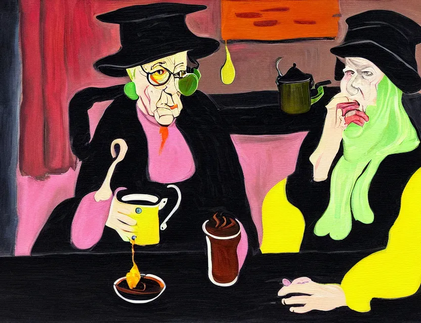 Prompt: a colorful dark night painting of a old and strange dusty professor in black suite and hat and a old woman making a study of drinking 1 0 cups of black coffee in 5 seconds in a kitchen that is melting, styled by francis bacon