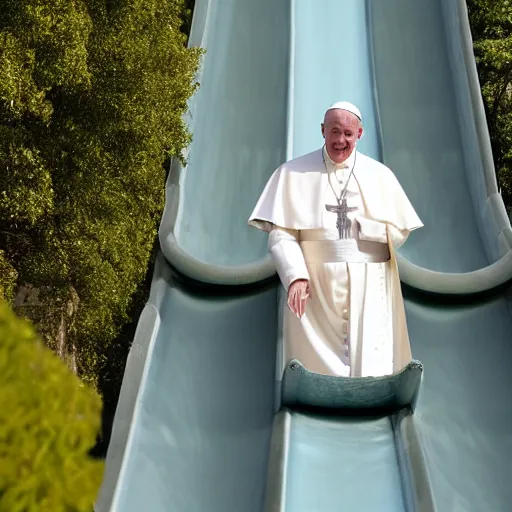 Image similar to the pope on a water slide, professional photography