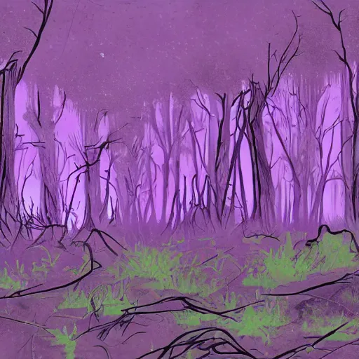 Prompt: purple zerg creep ichor oozing over a destroyed forest, zerg sludge biomass infecting a decaying forest