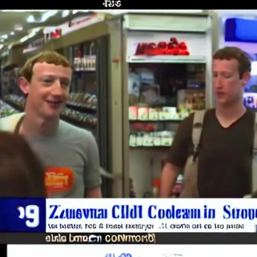 Prompt: cctv footage of mark zuckerberg holding a shotgun in a convenient store