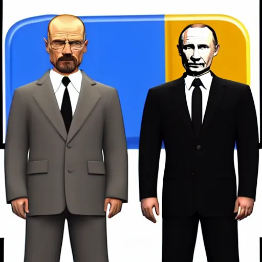 Image similar to walter white and vladimir putin in the style of a gta loading screen