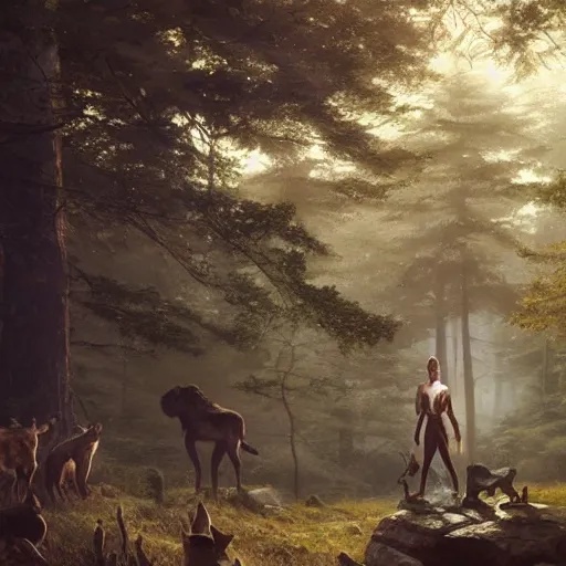 Image similar to 'portrait of a wood-elf surrounded by animals in the woods, art by Greg Rutkowski, 4k'