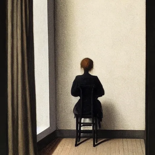 Prompt: woman working on an imac, seen from the back, by vilhelm hammershoi