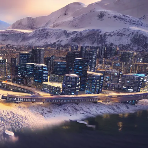 Prompt: A coastal city near some snow-capped mountains, sci-fi, 8k photorealistic, flying traffic in the sky
