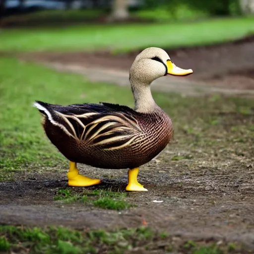 Image similar to duck in park, has skin of cabbage