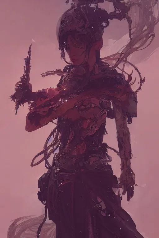 Image similar to A full portrait of a powerful beautiful futuristic dystopian junktown Japanese necromancer sorcerer enchanter, intricate, elegant, highly detailed, digital painting, artstation, concept art, smooth, sharp focus, illustration, art by Krenz Cushart and Artem Demura and alphonse mucha