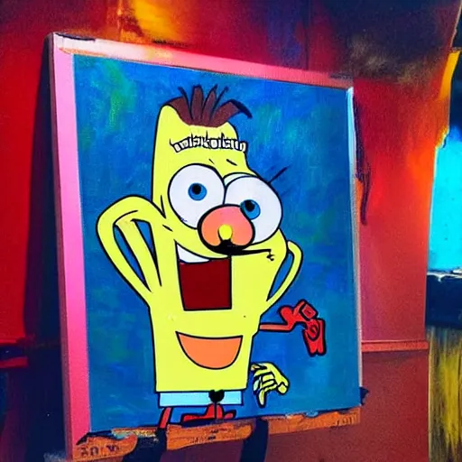 Image similar to nic cage as spongebob squarepants, buff, painted portrait, highly detailed,