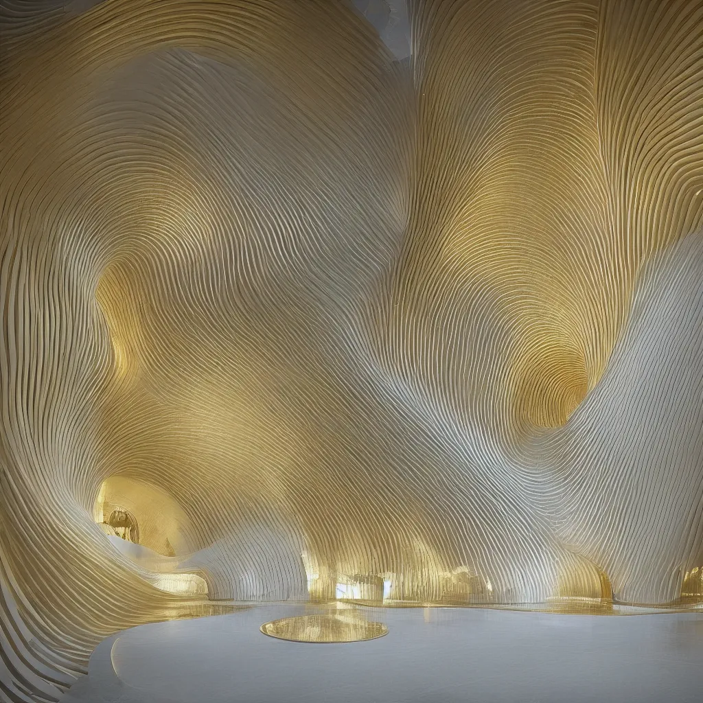 Image similar to “ an incredibly smooth curvilinear neo baroque interior architectural sculpture, a golden pool on the ground is envelope by folding white surfaces, blue light, visually satisfying architecture render ”