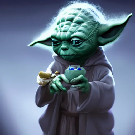 Image similar to Yoda eating blue cookies, hyperdetailed, artstation, cgsociety, 8k